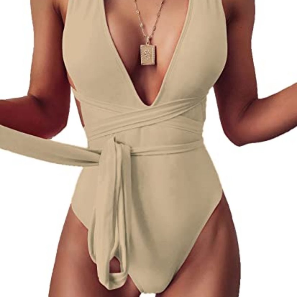NWOT ADJUSTABLE WAIST Sexy plunge wrap strappy one piece SMALL
